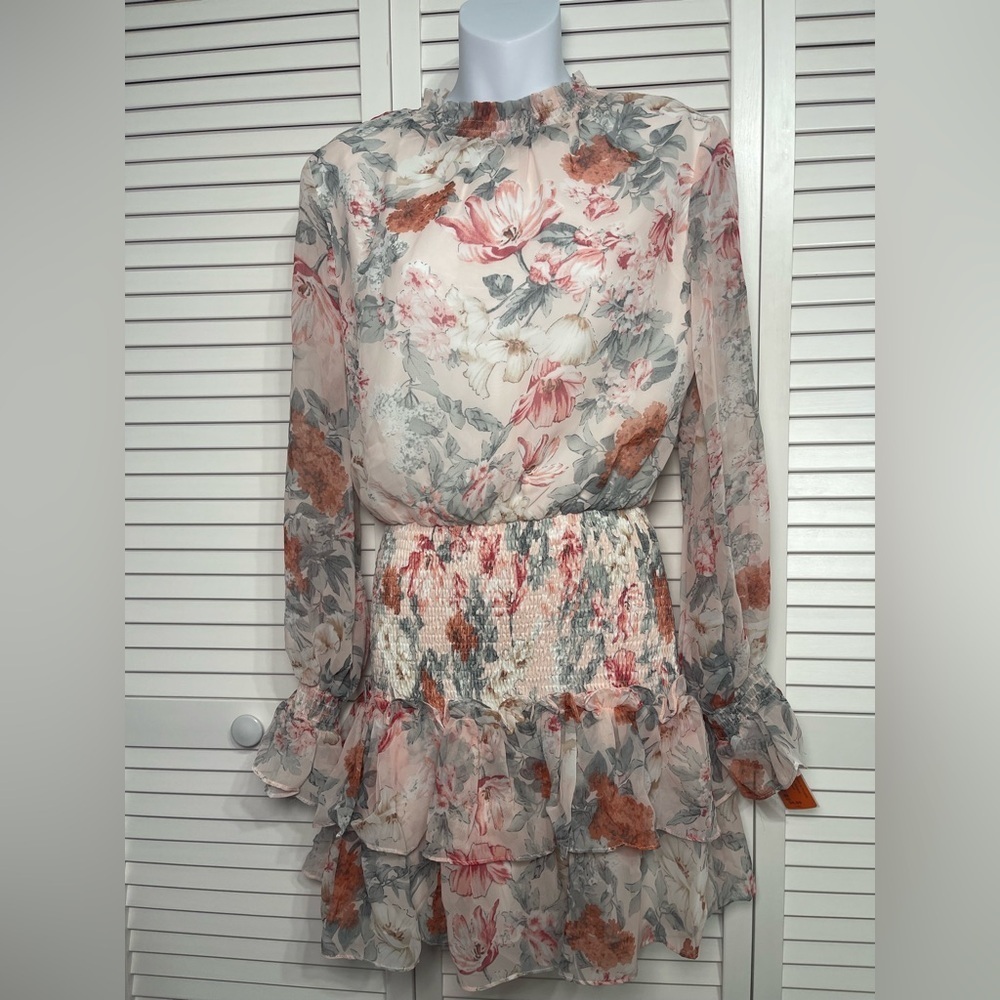 TCEC Pink and Orange Ruffled Tiered Dress with Bishop Sleeves